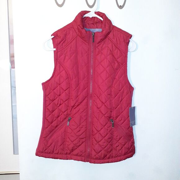 Laura Scott Puffer Vest Women's S Cherry Red Quilted Full Zip Pockets Fitted New - Picture 1 of 5